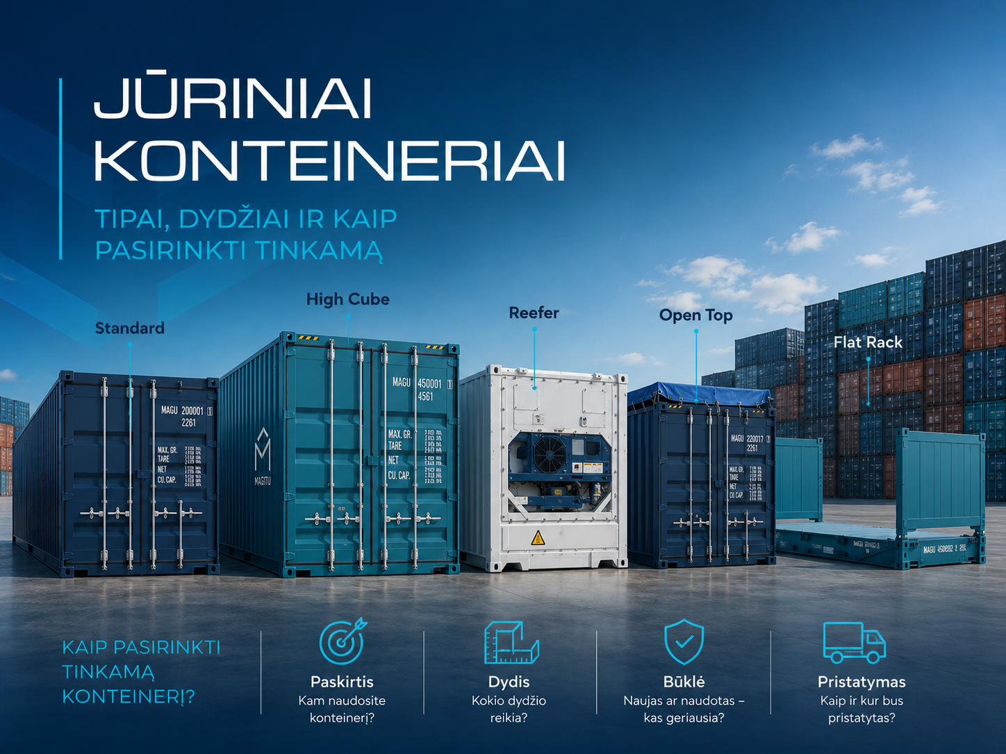 Jūriniai konteineriai: tipai, dydžiai ir kaip pasirinkti tinkamą konteinerį